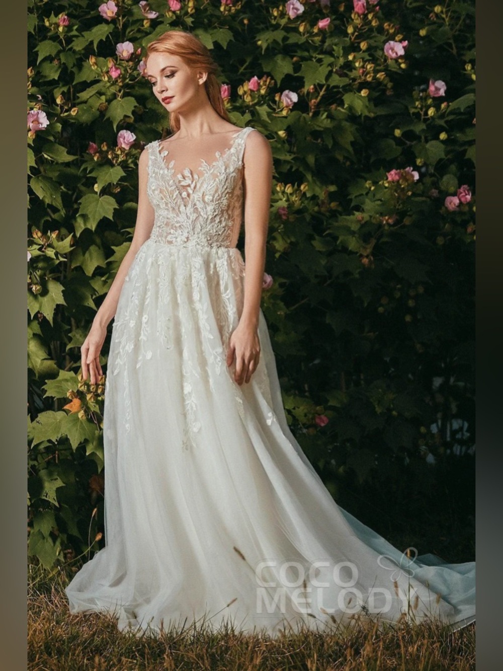 Ivory Lace A-Line Wedding Dress with Illusion Bodice with Chapel Length Veil